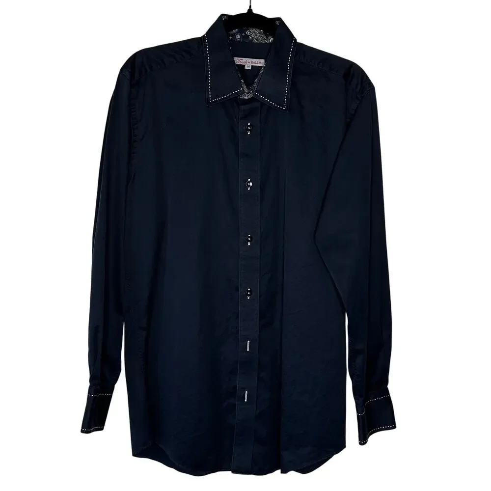 Touch By Ballin Men’s Cotton Button Up Shirt Navy Paisley Contrast Stitch Size M